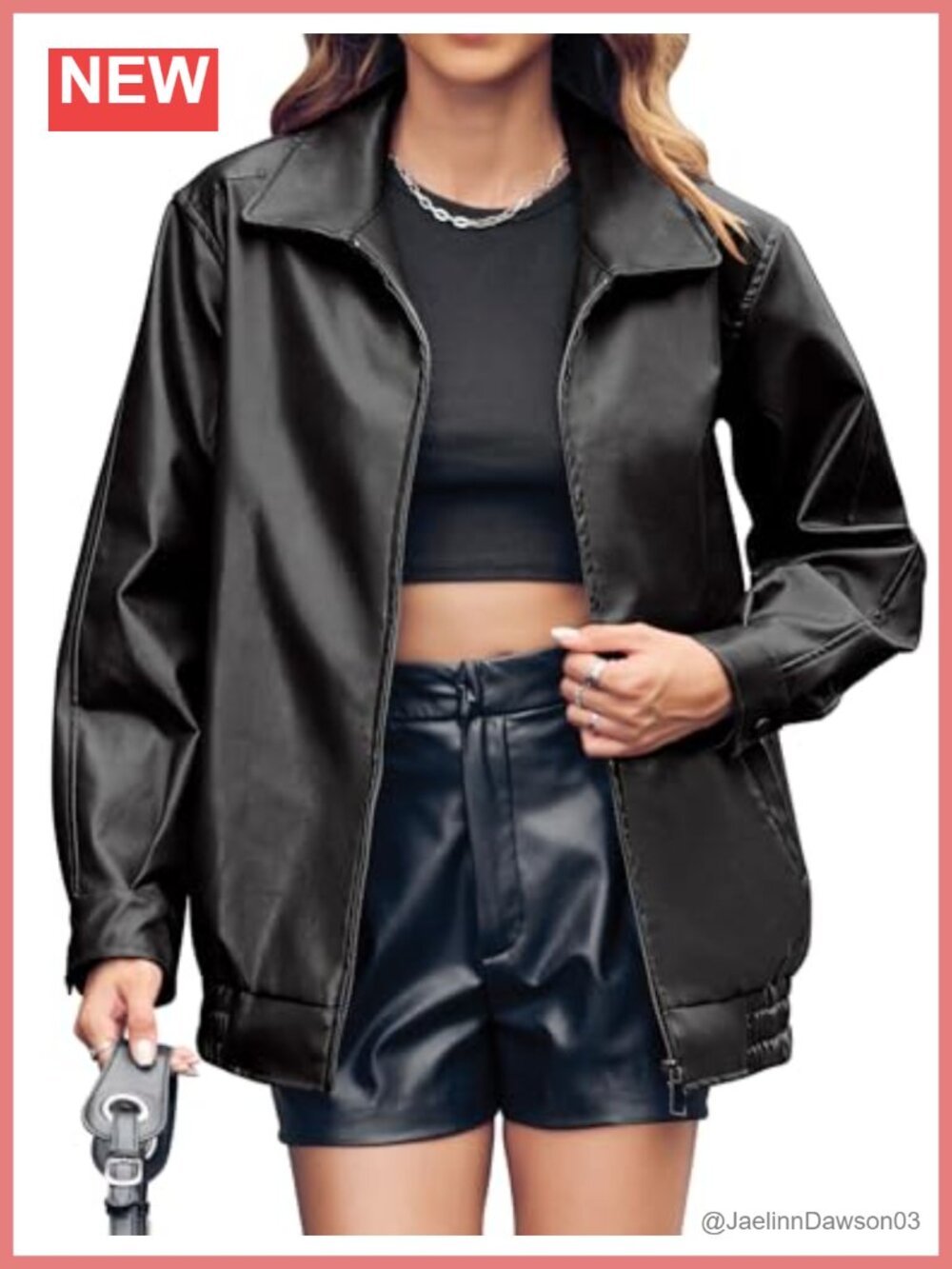 Womens Faux Leather Jacket Oversized Zip Up Bomber Casual